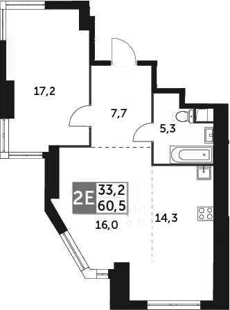 Планировка евродвушка (2Е) 60.5 м² в ЖК «Архитектор», корпус 3