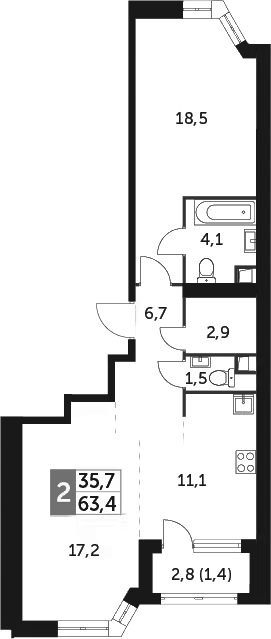 Планировка евродвушка (2Е) 63.4 м² в ЖК «Архитектор», корпус 3