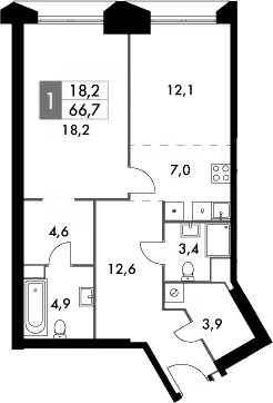 Планировка евродвушка (2Е) 66.7 м² в ЖК «Архитектор», корпус 3