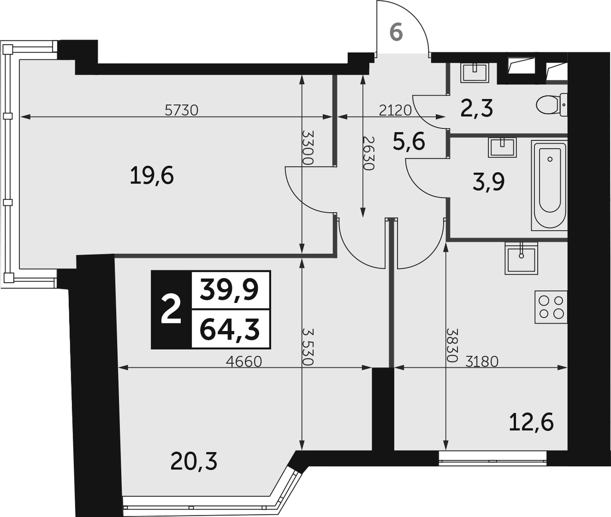 Планировка двухкомнатная 64.3 м² в ЖК «Архитектор», корпус 2