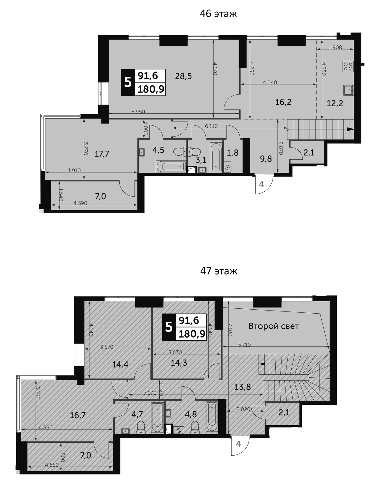 Планировка пятикомнатная 180.9 м² в ЖК «Архитектор», корпус 2