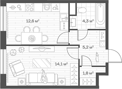 Планировка однокомнатная 38 м² в ЖК «Аристов Берег», корпус 1