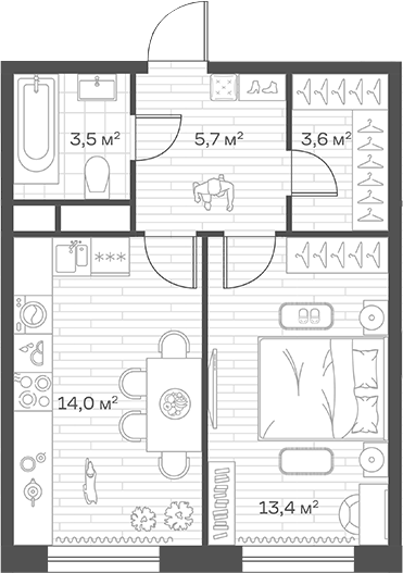 Планировка однокомнатная 40.2 м² в ЖК «Аристов Берег», корпус 1