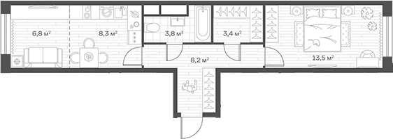Планировка евродвушка (2Е) 44 м² в ЖК «Аристов Берег», корпус 1