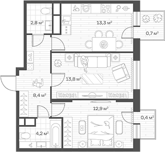 Планировка двухкомнатная 56.5 м² в ЖК «Аристов Берег», корпус 1
