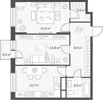 Планировка двухкомнатная 57.6 м² в ЖК «Аристов Берег», корпус 1