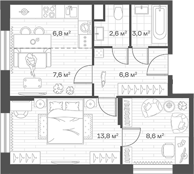 Планировка евротрёшка (3Е) 49.2 м² в ЖК «Аристов Берег», корпус 1