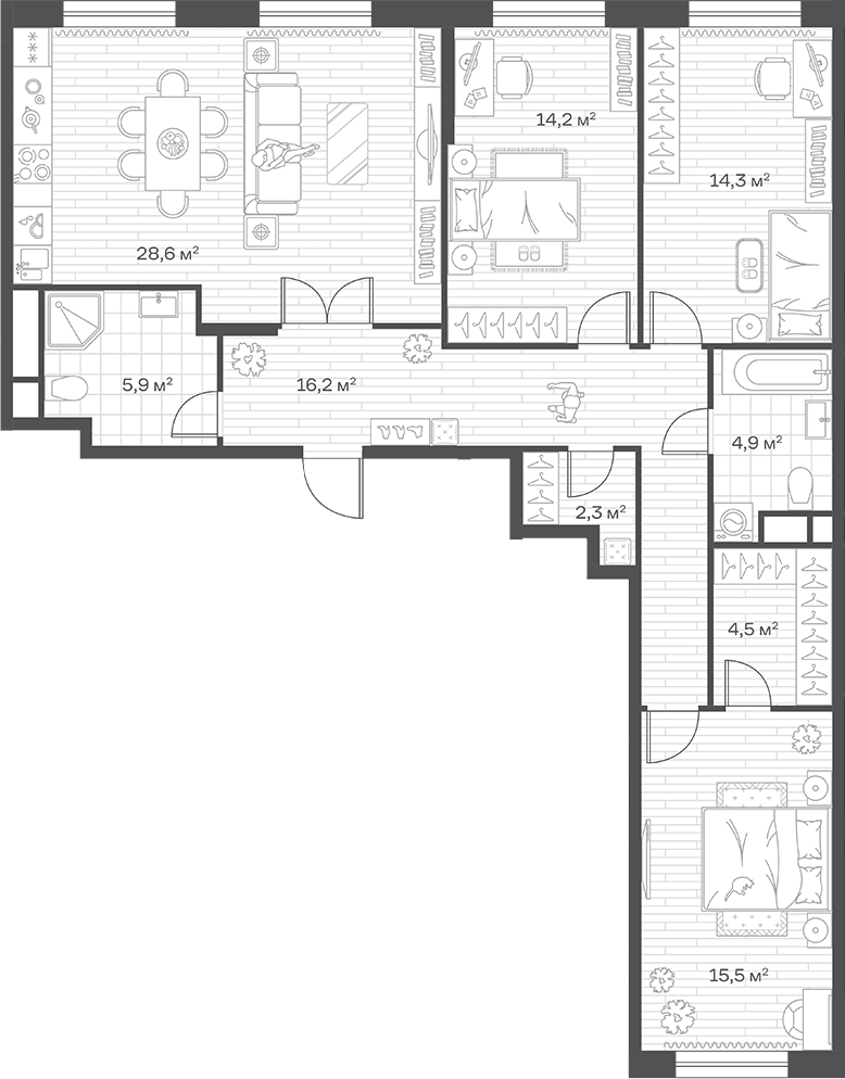 Планировка трёхкомнатная 106.4 м² в ЖК «Аристов Берег», корпус 1