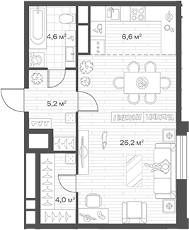Планировка Студии 46.6 м² в ЖК «Аристов Берег», корпус 1