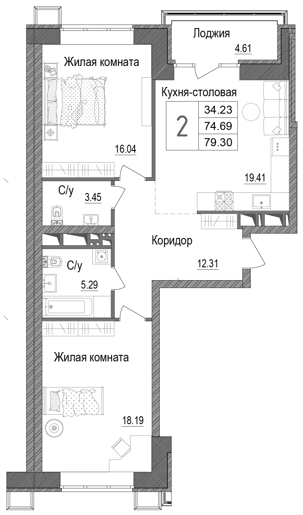 Планировка двухкомнатная 78.1 м² в ЖК «АРТ», корпус 1