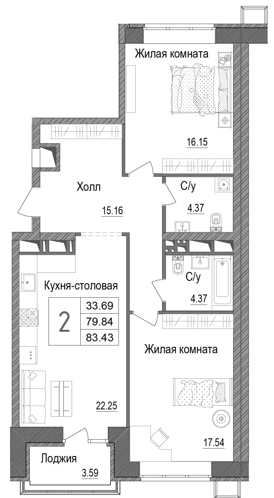 Планировка двухкомнатная 85.3 м² в ЖК «АРТ», корпус 1