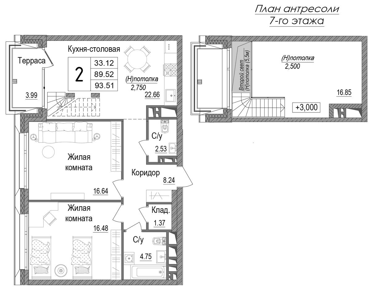 Планировка двухкомнатная 90.91 м² в ЖК «АРТ», корпус 1