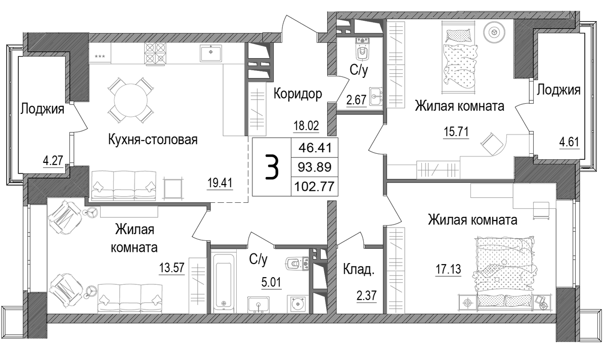 Планировка трёхкомнатная 100.3 м² в ЖК «АРТ», корпус 1
