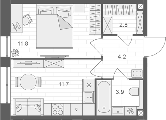 Планировка однокомнатная 34.4 м² в ЖК «АРТЕЛЬ», корпус 1