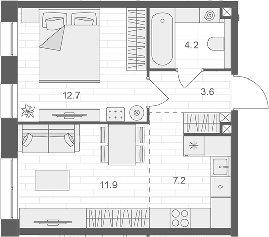 Планировка евродвушка (2Е) 39.6 м² в ЖК «АРТЕЛЬ», корпус 2