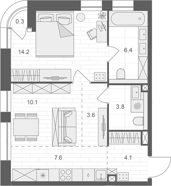 Планировка евродвушка (2Е) 49.95 м² в ЖК «АРТЕЛЬ», корпус 1