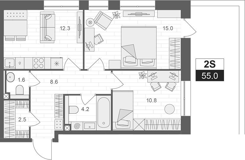 Планировка двухкомнатная 55 м² в ЖК «АРТЕЛЬ», корпус 1
