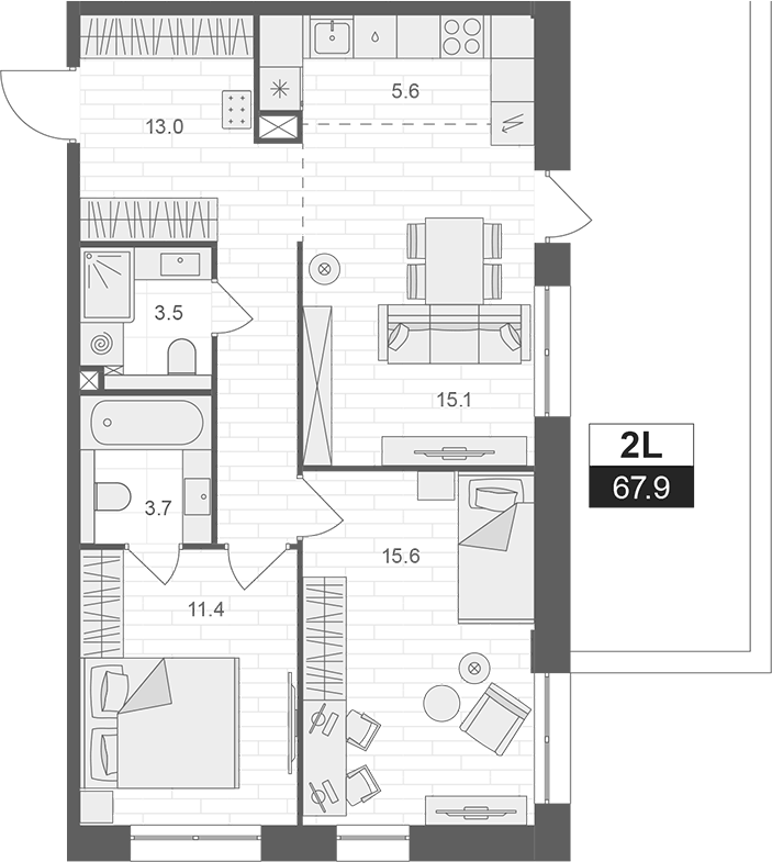 Планировка евротрёшка (3Е) 67.9 м² в ЖК «АРТЕЛЬ», корпус 1