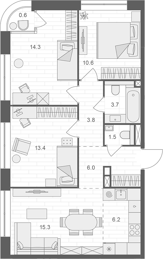 Планировка евро-4 (4Е) 75.1 м² в ЖК «АРТЕЛЬ», корпус 1