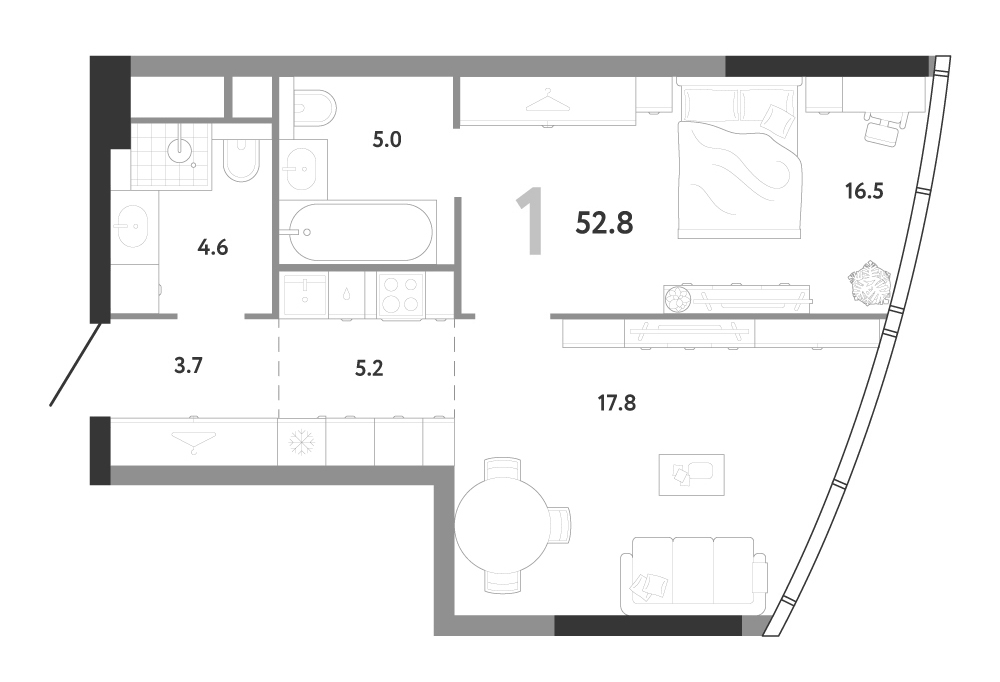 Планировка однокомнатная 52.8 м² в ЖК «АУРУС Резиденции», корпус Б