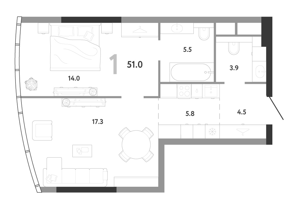 Планировка евродвушка (2Е) 51 м² в ЖК «АУРУС Резиденции», корпус Б