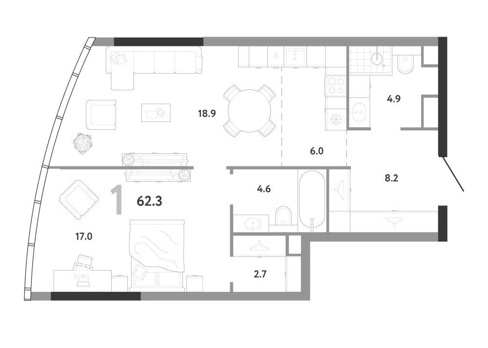 Планировка евродвушка (2Е) 62.3 м² в ЖК «АУРУС Резиденции», корпус Б