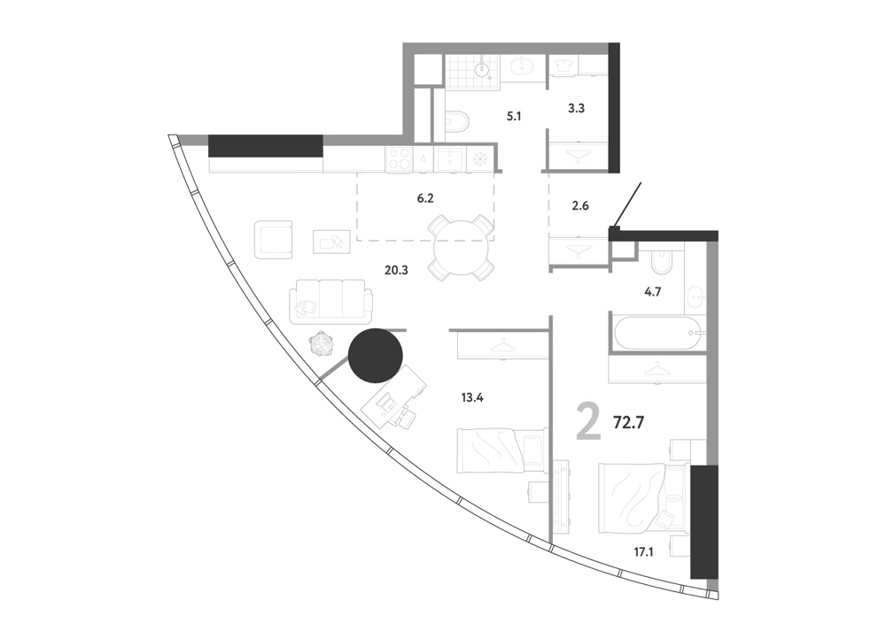 Планировка евротрёшка (3Е) 72.7 м² в ЖК «АУРУС Резиденции», корпус Б