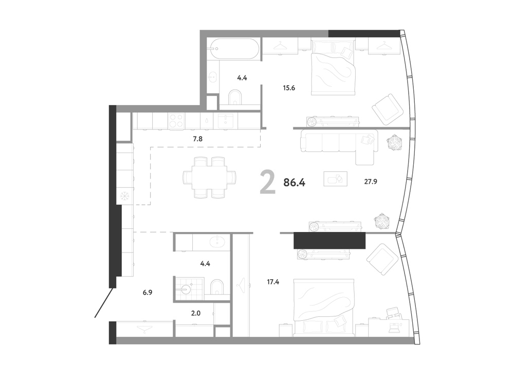 Планировка евротрёшка (3Е) 86.4 м² в ЖК «АУРУС Резиденции», корпус Б