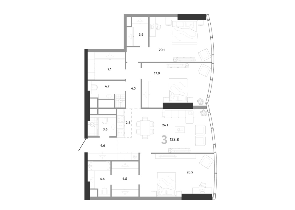 Планировка евро-4 (4Е) 123.8 м² в ЖК «АУРУС Резиденции», корпус Б
