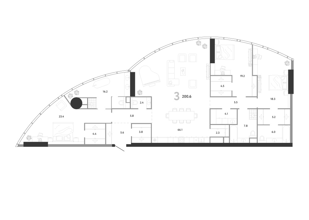 Планировка евро-4 (4Е) 200.6 м² в ЖК «АУРУС Резиденции», корпус Б