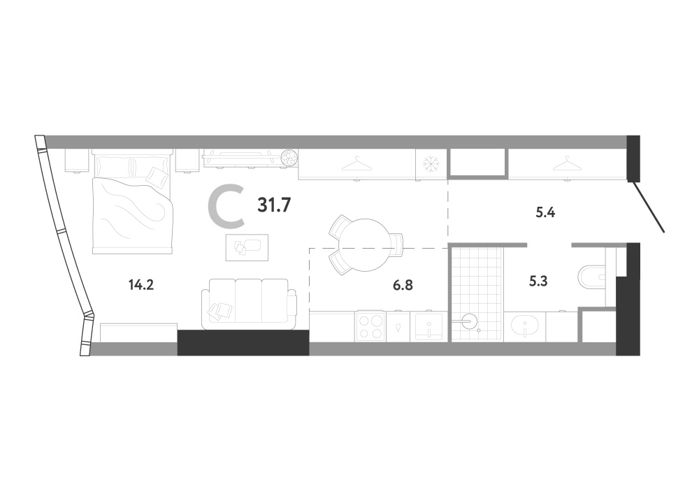 Планировка Студии 31.7 м² в ЖК «АУРУС Резиденции», корпус Б