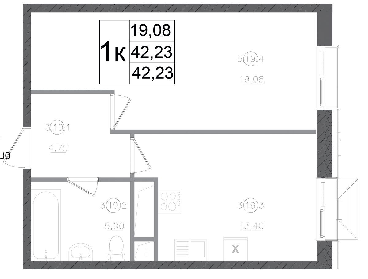 Планировка однокомнатная 42.23 м² в ЖК «Авиатор-2», корпус 1