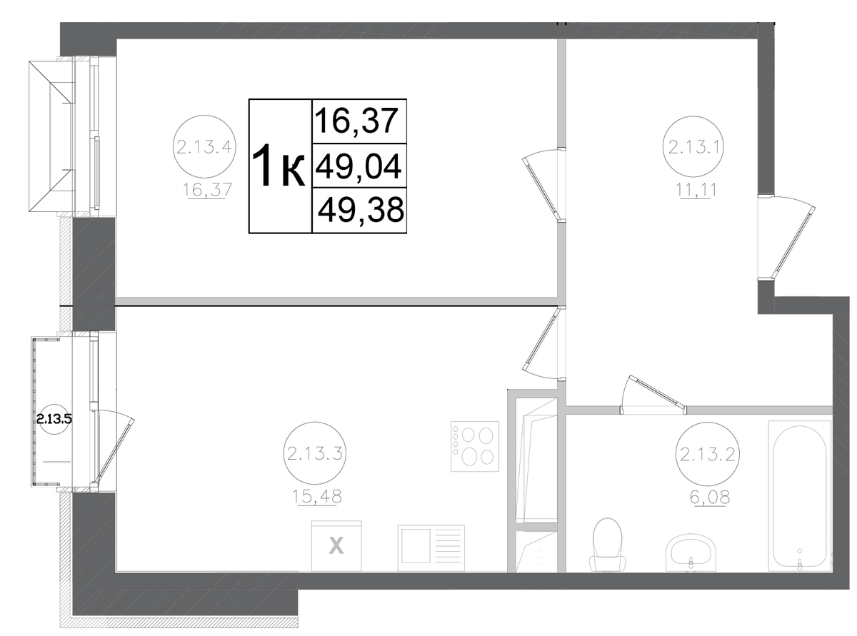 Планировка однокомнатная 49.38 м² в ЖК «Авиатор-2», корпус 1