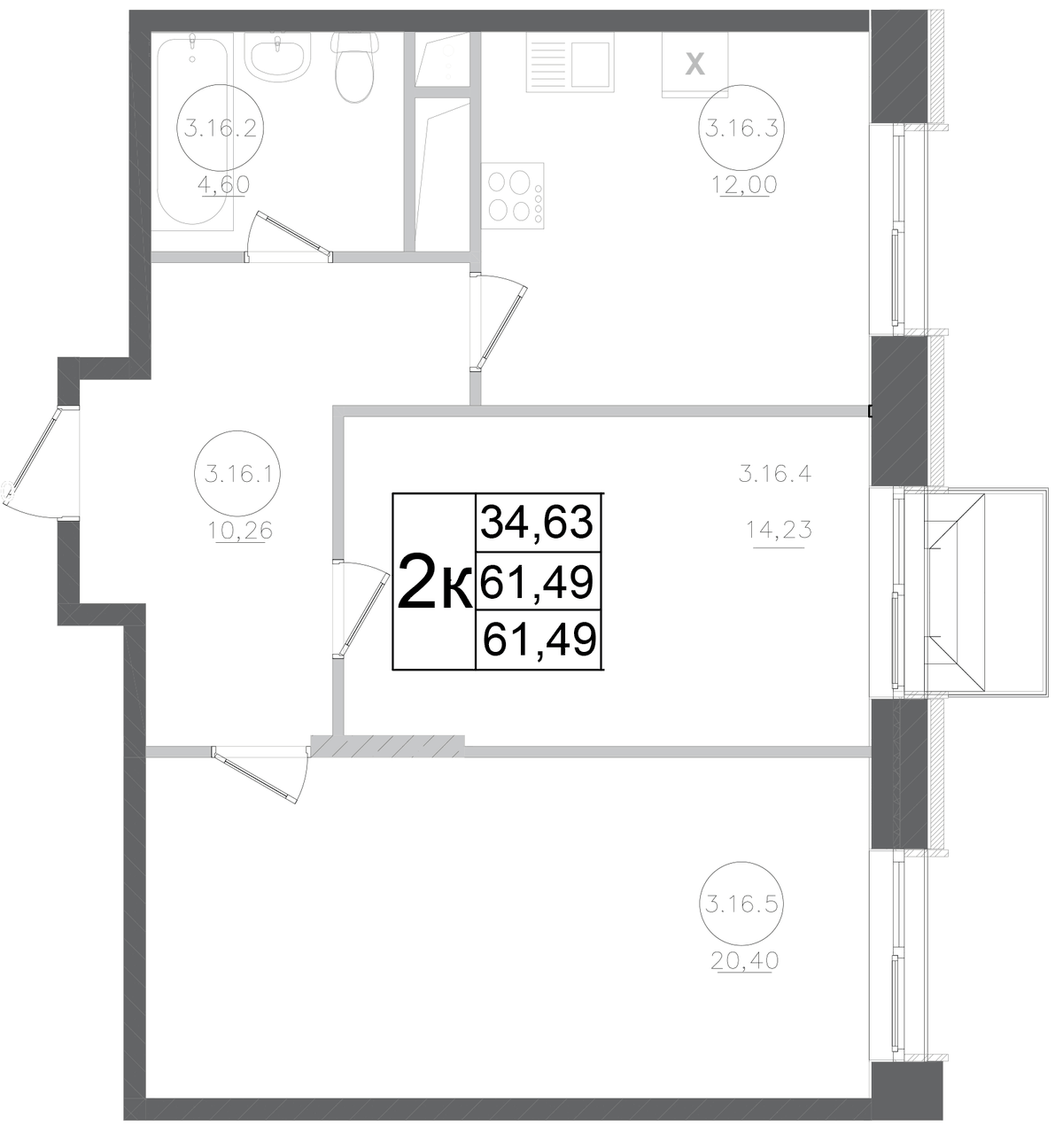 Планировка двухкомнатная 61.49 м² в ЖК «Авиатор-2», корпус 1