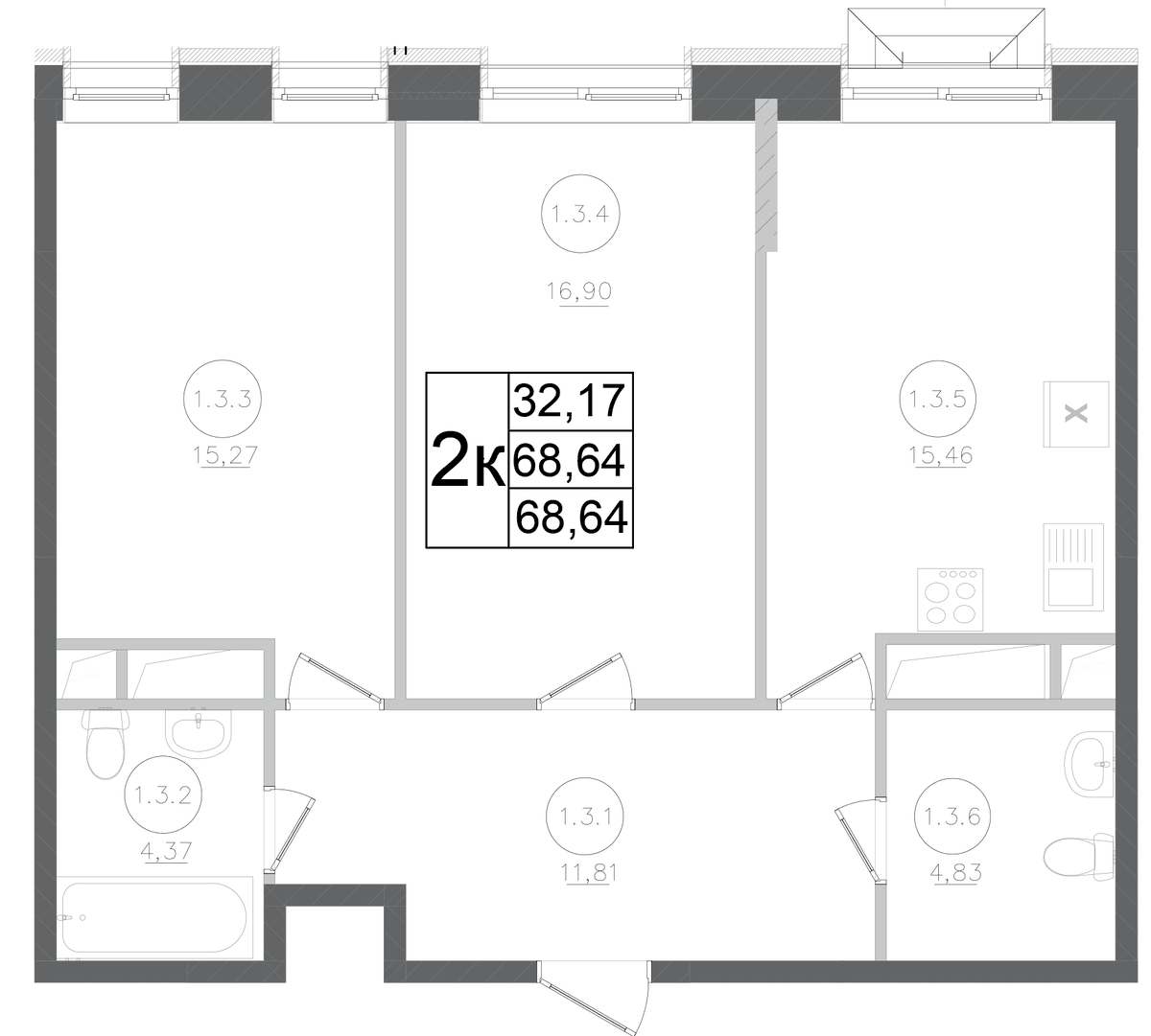 Планировка двухкомнатная 68.64 м² в ЖК «Авиатор-2», корпус 1