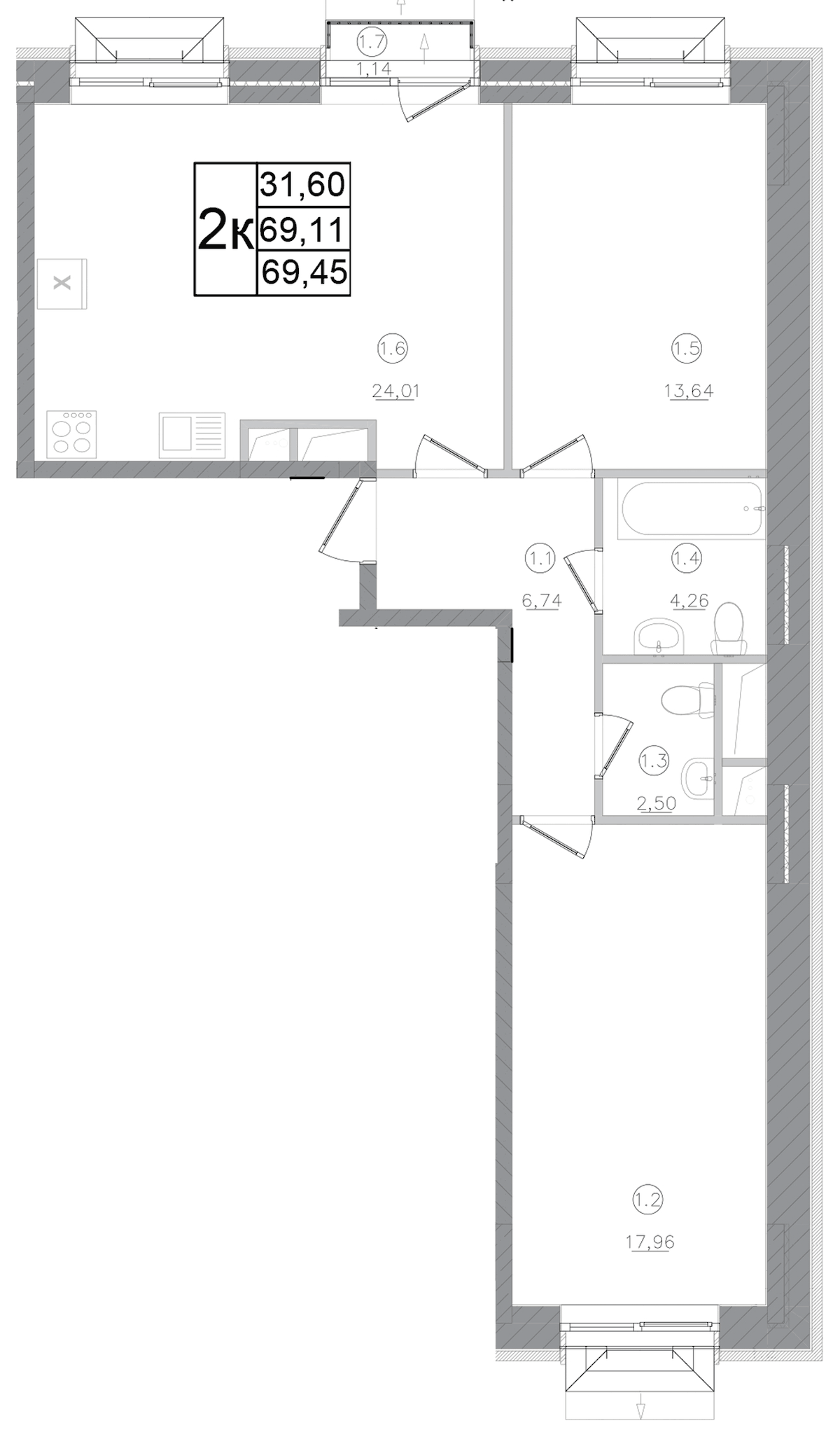 Планировка двухкомнатная 69.45 м² в ЖК «Авиатор-2», корпус 2