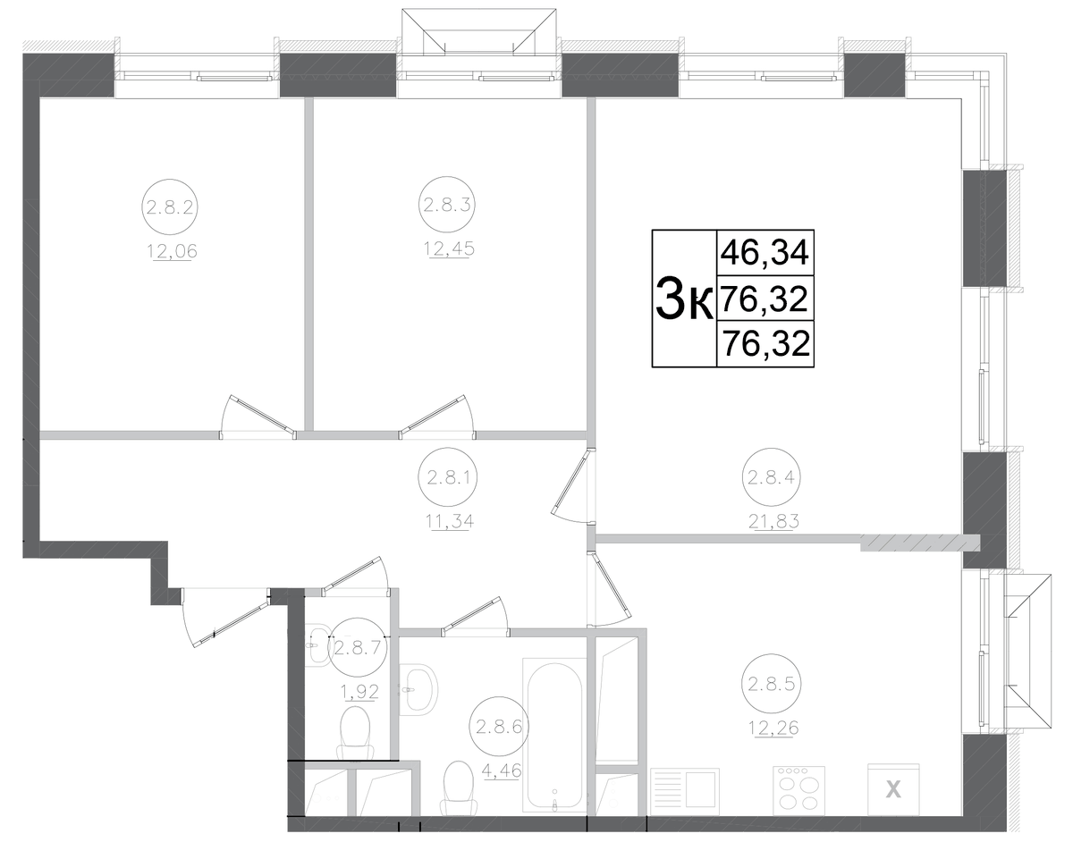 Планировка трёхкомнатная 76.32 м² в ЖК «Авиатор-2», корпус 1