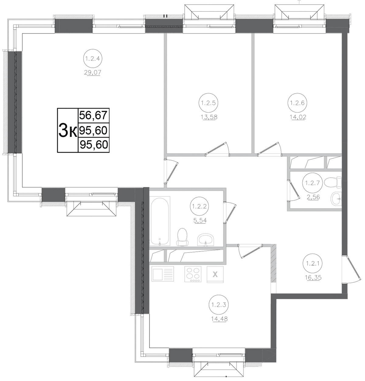 Планировка трёхкомнатная 95.6 м² в ЖК «Авиатор-2», корпус 1