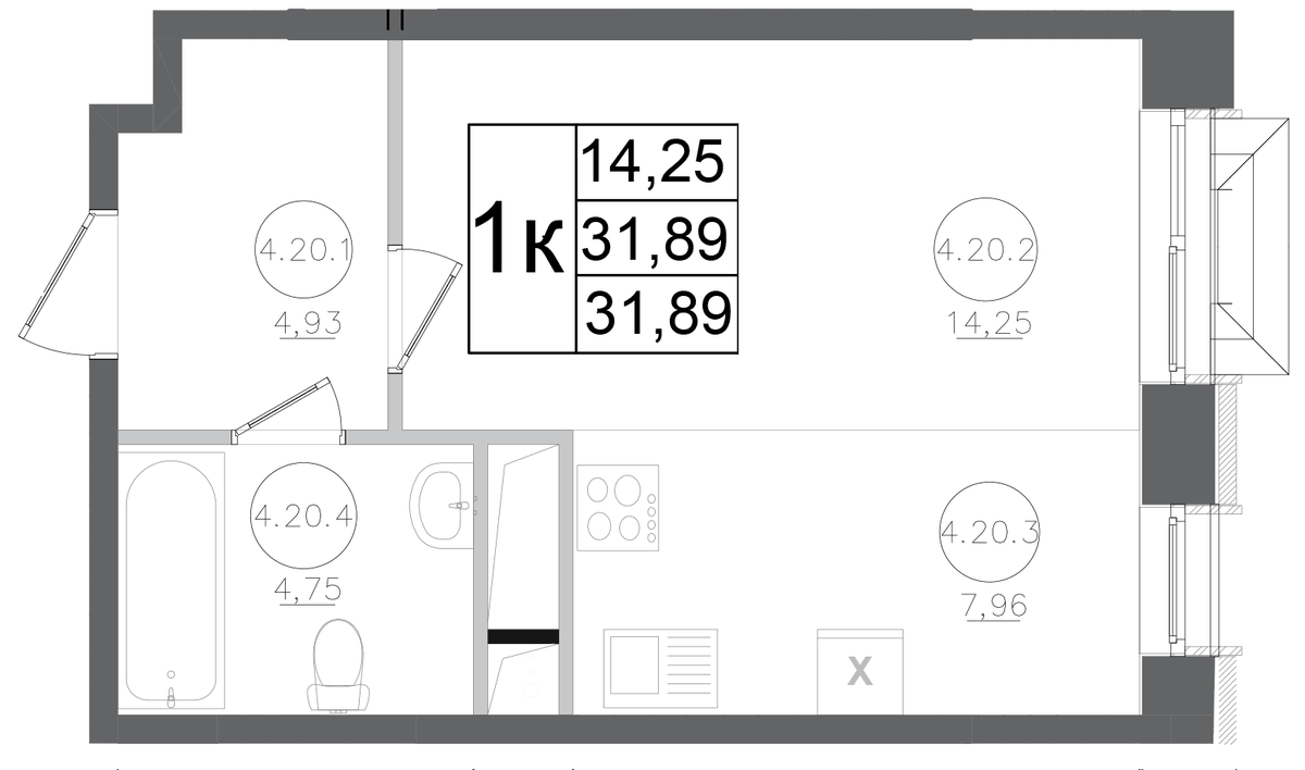 Планировка Студии 31.89 м² в ЖК «Авиатор-2», корпус 1