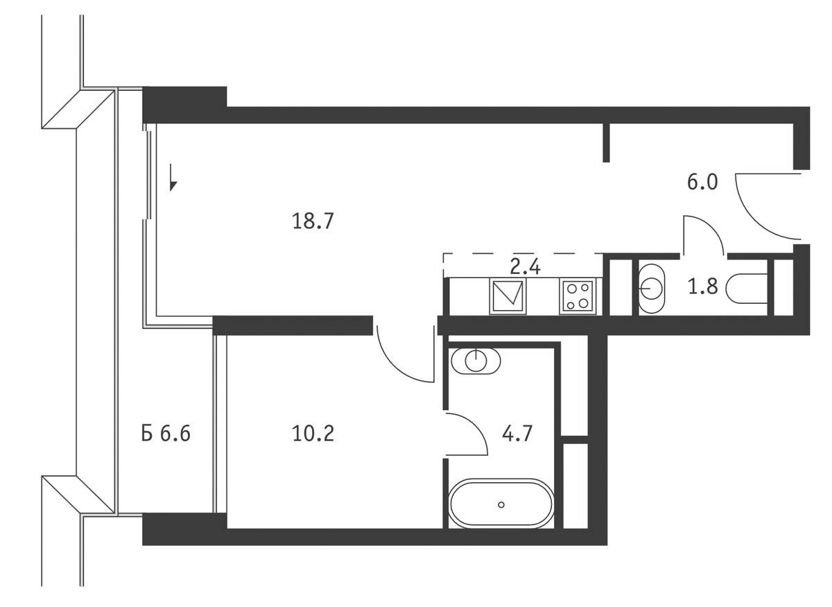 Планировка свободная планировка 45.8 м² в ЖК «Бадаевский», корпус Восток