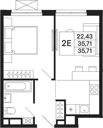 Планировка евродвушка (2Е) 35.71 м² в ЖК «Базаева 11», корпус 1