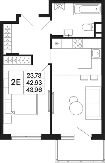 Планировка евродвушка (2Е) 43.96 м² в ЖК «Базаева 11», корпус 1