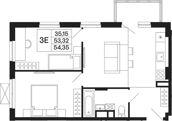 Планировка евротрёшка (3Е) 54.35 м² в ЖК «Базаева 11», корпус 1