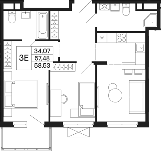 Планировка евротрёшка (3Е) 58.53 м² в ЖК «Базаева 11», корпус 1