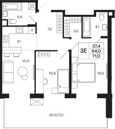 Планировка евротрёшка (3Е) 70.55 м² в ЖК «Базаева 11», корпус 1