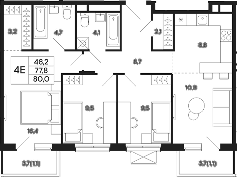 Планировка евро-4 (4Е) 80 м² в ЖК «Базаева 11», корпус 1