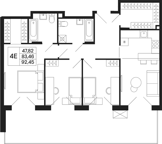 Планировка евро-4 (4Е) 92.45 м² в ЖК «Базаева 11», корпус 1