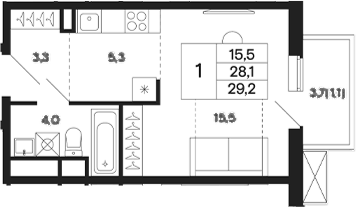 Планировка Студии 30.87 м² в ЖК «Базаева 11», корпус 1