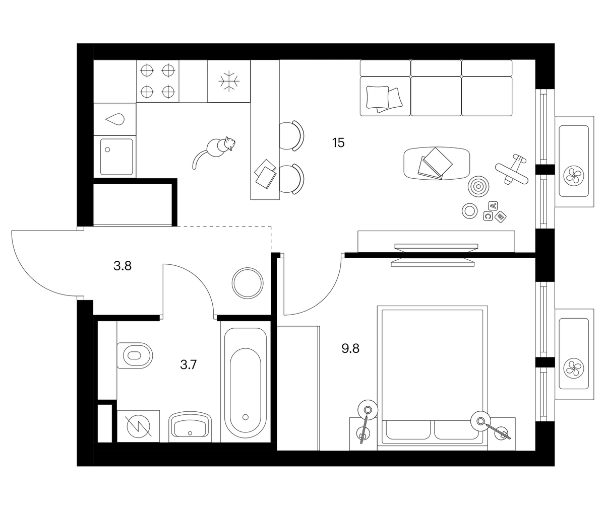 Планировка однокомнатная 32.3 м² в ЖК «Белая Дача парк», корпус 16.2