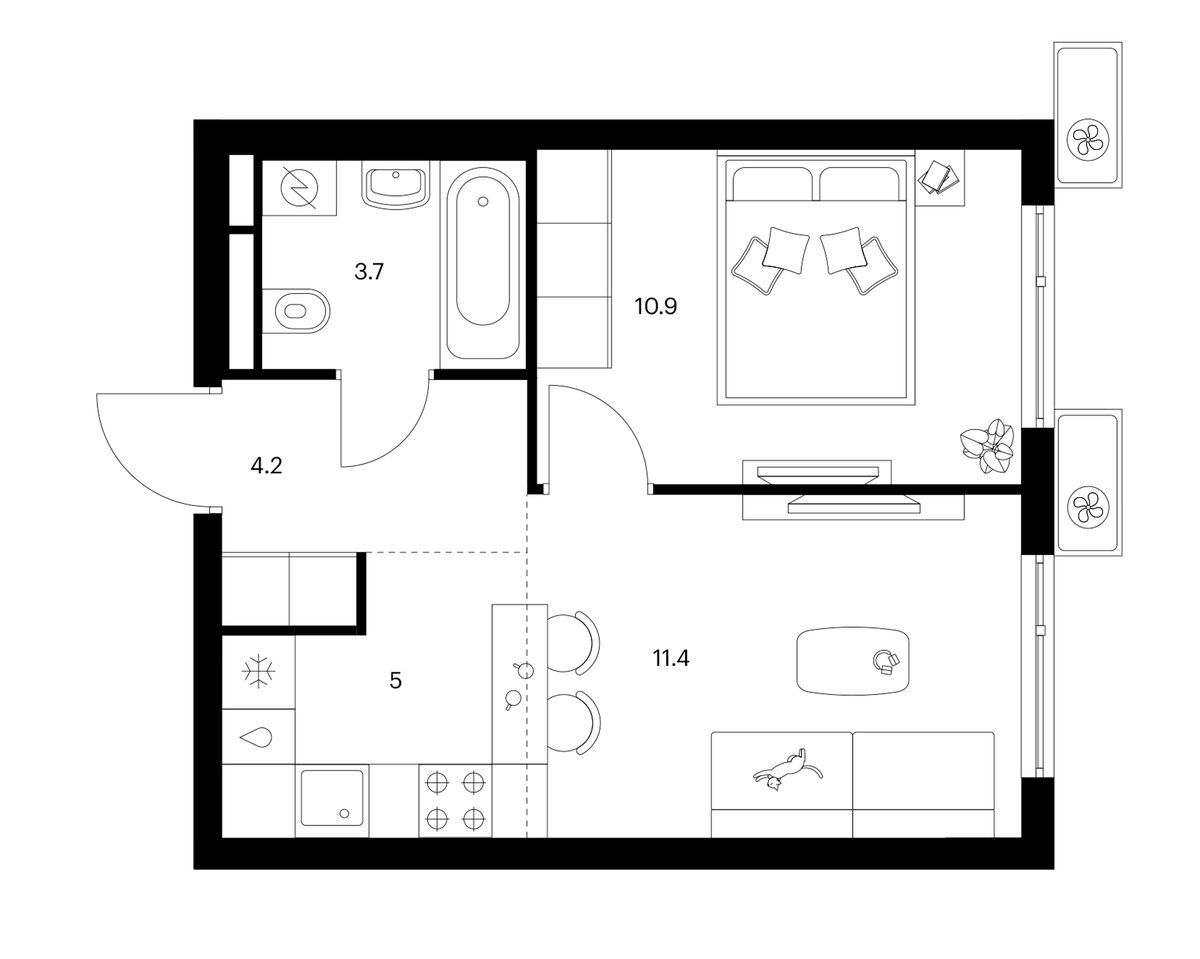 Планировка евродвушка (2Е) 35.2 м² в ЖК «Белая Дача парк», корпус 16.1